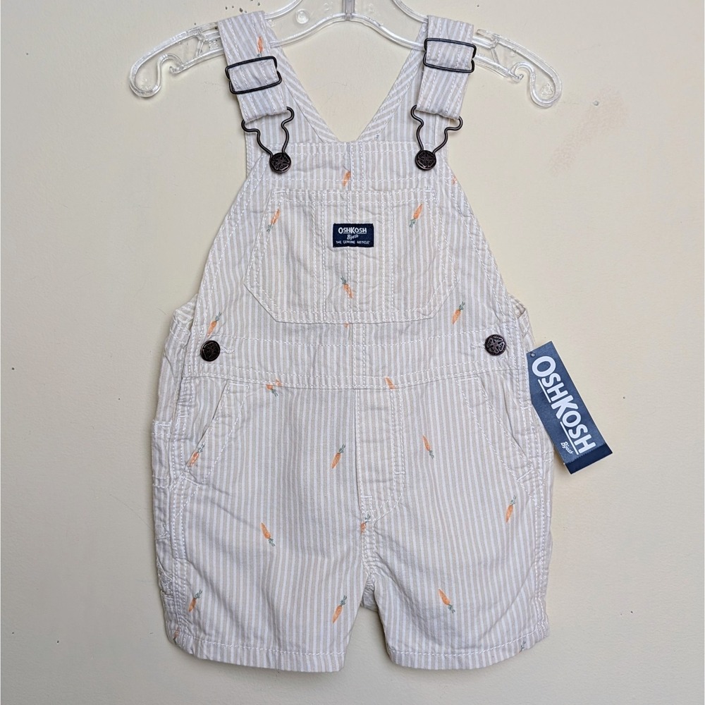OshKosh B'gosh Baby Carrot Printed Overalls Cream Stripe Size 9 Months NWT‎